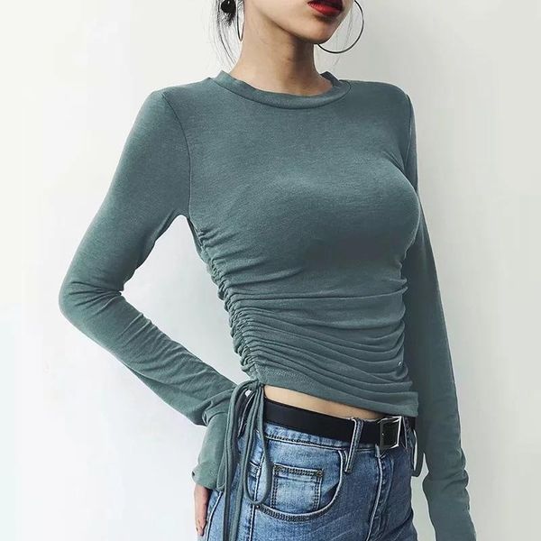 

women's t-shirt fall shirt, long-sleeved wrapped elastic casual party round neck pleated lace-up clothes, White