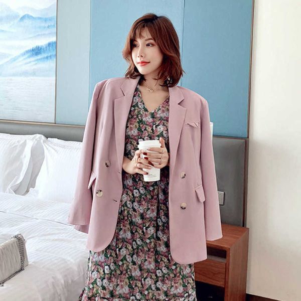 

large size -5xl women's autumn and winter office loose jacket suit temperament double-breasted female mid-length blazer 210527, White;black