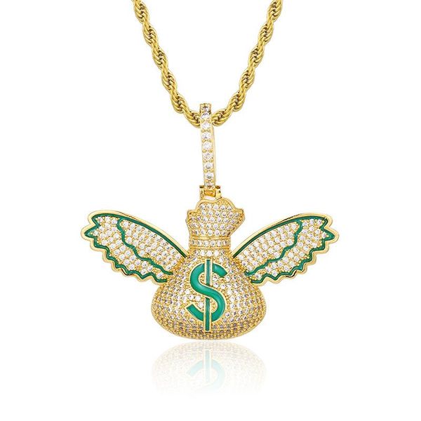 

pendant necklaces hip hop claw setting + cz stone bling iced out flying dollars money bag pendants for men rapper jewelry, Silver