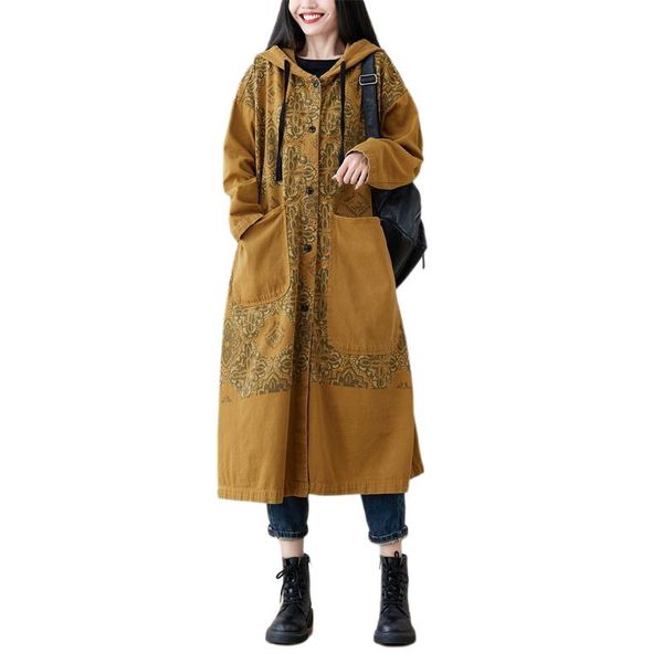

women's trench coats 2021 autumn large hooded coat denim flower printing long cowboy single breasted cardigan loose windbreak, Tan;black