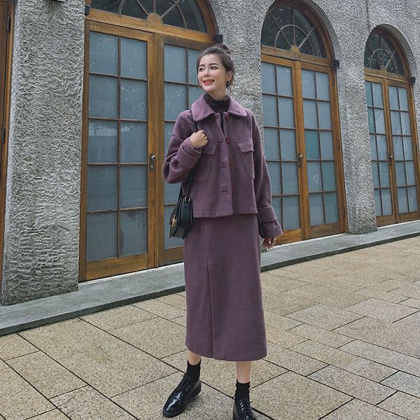 

women winter sets vintage female single breasted woolen coats+high wiast long skirts 2 peces suits office lady set wear, Black;brown