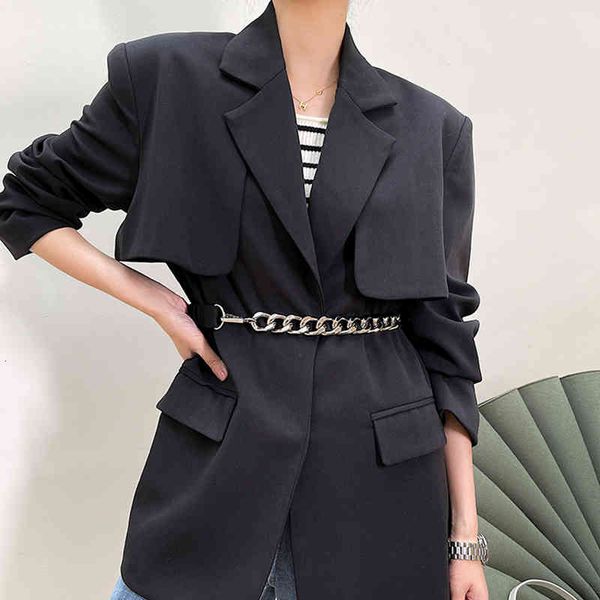 

women's suits & blazers [eam] women black metal belt big size blazer lapel long sleeve loose fit jacket fashion spring autumn 2022 1de2, White;black