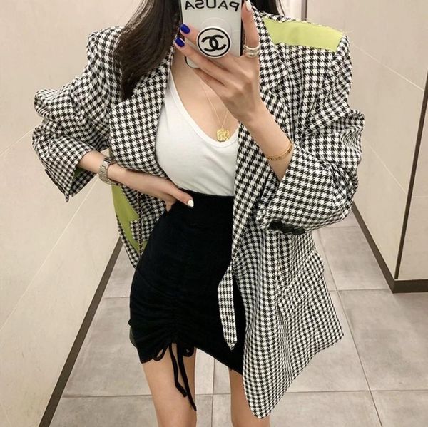 

2021 new women autumn plaid single breasted blazer winter suit coat long sleeve office korean style patchwork midi blazers 1s0o, White;black
