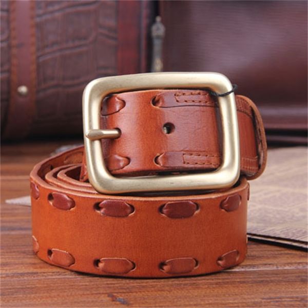 

2021 new solid brass buckle leather vintage belt jeans belts for men ceinture homme male strap cinturon hombre mbt0083 l5eq, Black;brown