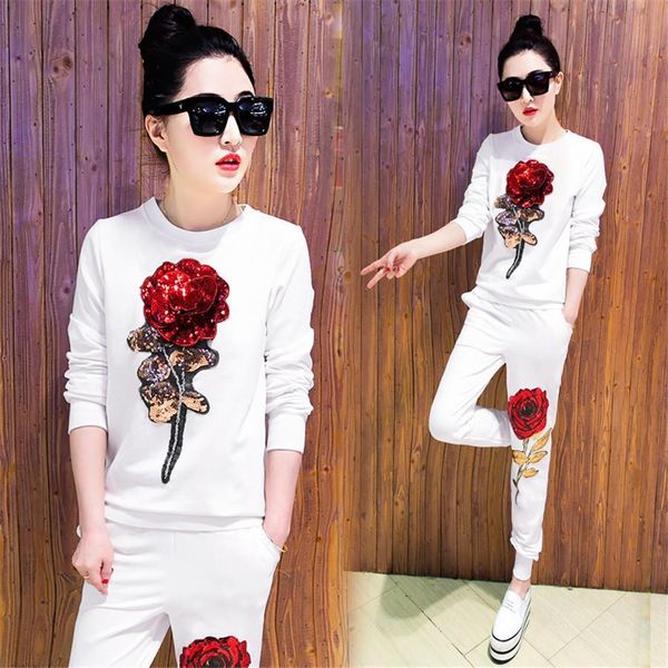 

2021 spring women's casual suit the new sequined rose flower embroidery cotton fleece trousers two-piece set women's tracksuits, Gray