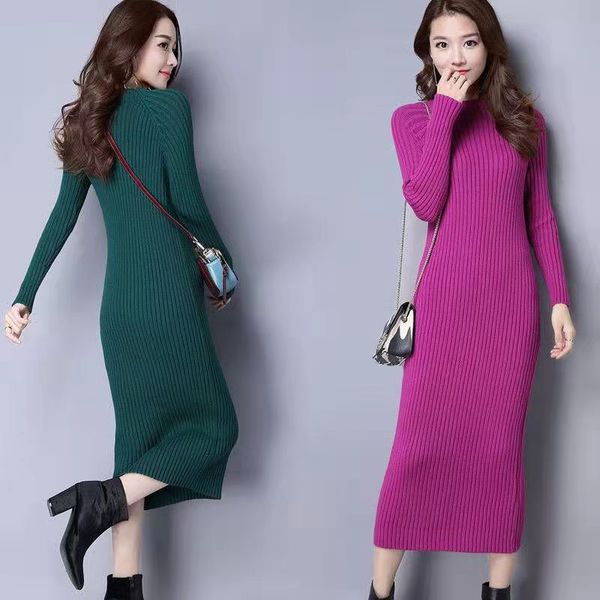 

korean style knitted womens dress spring autumn medium length long sleeve slash neck thick warm dress fashion vestidos femme, Black;gray