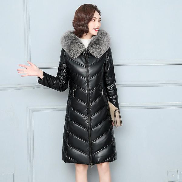 

women's leather & faux genuine down coat women autumn winter 2021 fashion warm hooded fur collar slim sheepskin overcoat, Black