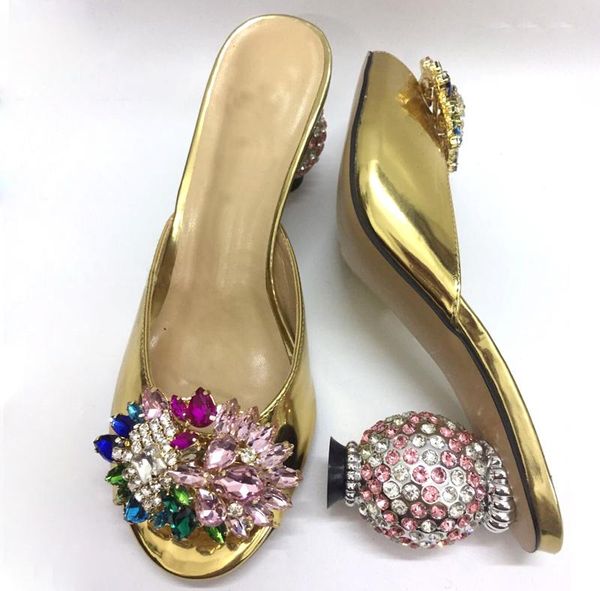 

new women crystal round ball heels slippers glitter gemstone flower buckle open toe gold mirror leather crystal high heels, Black