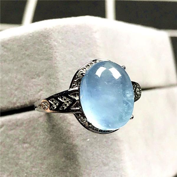 

cluster rings 12x9mm natural ocean blue aquamarine stone ring jewelry for woman man oval beads silver crystal gemstone adjustable, Golden;silver