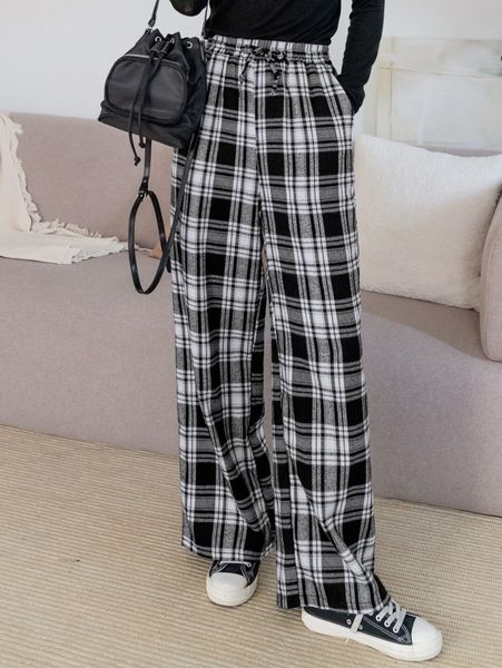 

dazy plaid print slant pocket pants x3zj#, Black;white