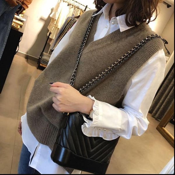 

new v neck girls pullover vest sweater autumn winter short knitted women sweaters vest sleeveless warm sweater casual oversize, White