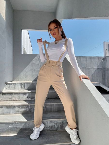 

pleated detail slant pocket overall jumpsuit without tee 82ap#, White
