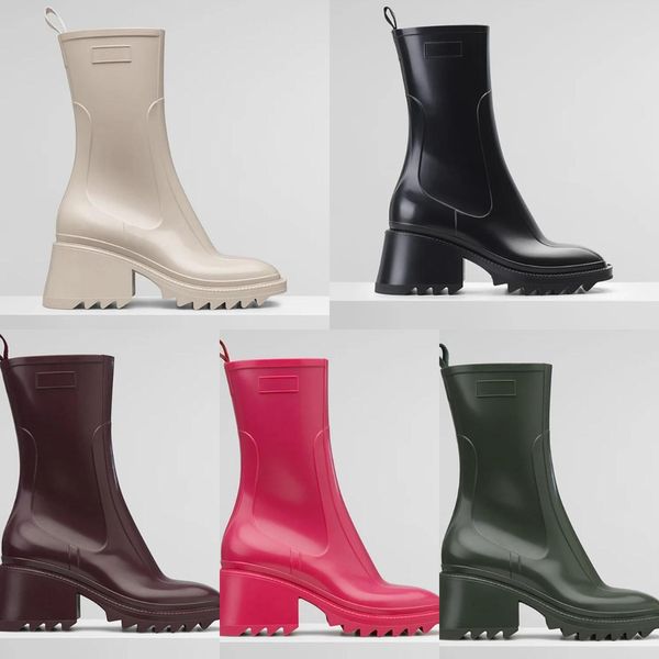 

2021 designer betty pvc women boots beeled genuine leather rain half boot laureate platform winter martin square toes chunky heel star trail, Black