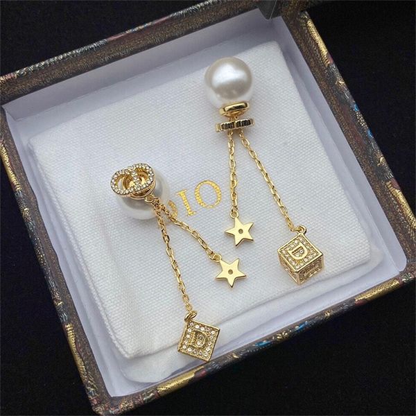 

dice full of stars tassel earrings female pearl earrings brass material, Black