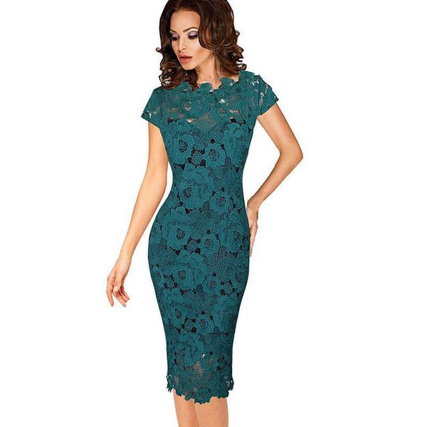 Elegante dünne Spitze Patchwork Kurzarm Abend Party Midi Bleistift Kleid Frauen Büro Plus Größe Temperament Kleider 210608