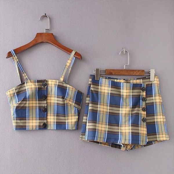 

summer arrival fashion 2 piece women tracksuits set plaid sling irregular skirt shorts buttons decorated free, Gray