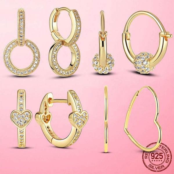 

hoop & huggie women earrings 925 sterling silver gold color heart round shape cz zircon earring for fashion jewelry, Golden;silver
