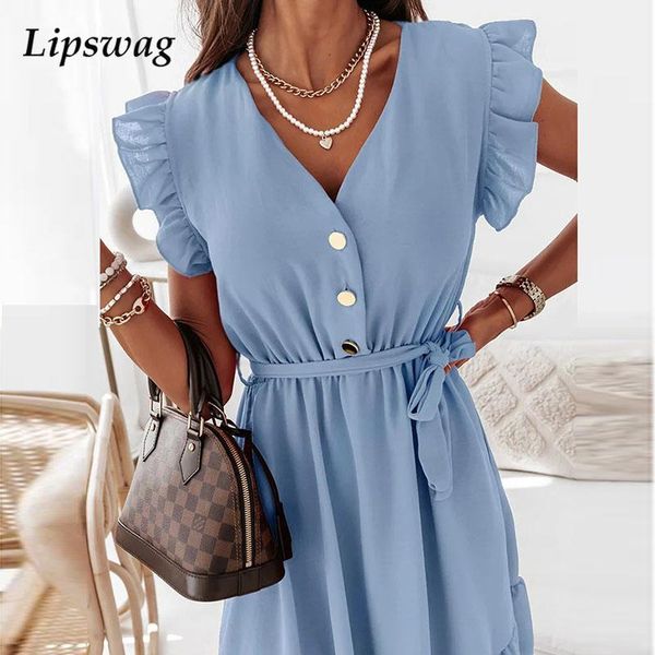 

summer v-neck button party dresses casual butterfly sleeve loose mini dress women elegant solid ruffle beach dress vestidoshigh quality, Black;gray