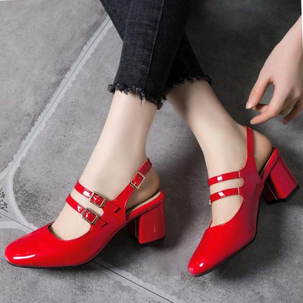 

dress shoes lihuamao patent leather women square heel mary jane round toe ankle strap ladies slingback pumps work party wedding, Black