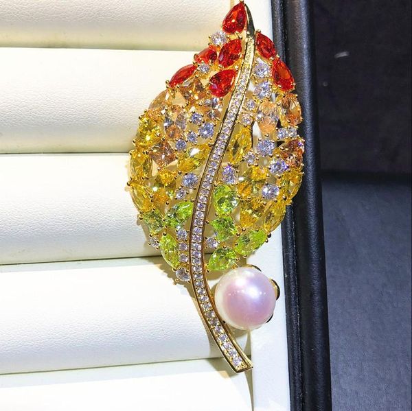 

pins, brooches 9-10mm freshwater pearl breastpin fancy colorful leaf style brooch women breast pin jewelry lady gifts, Gray