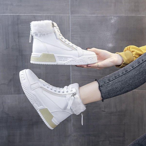

boots fur ankle warm plush winter for women shoes woman lace up zipper autumn thick bottom chunky sneakers plus size, Black