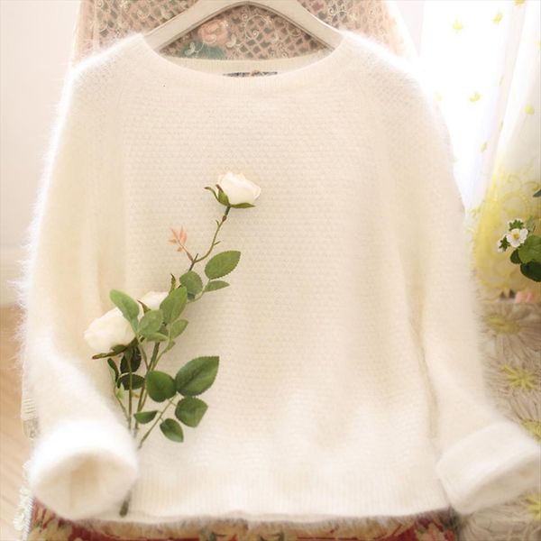 

women arrival autumn and winter womens sweaters mohair female white o neck pullover, White;black