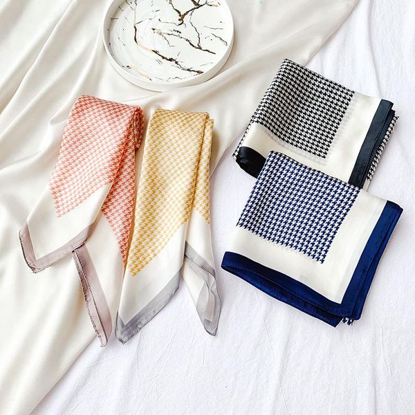 

scarves silk scarf women's 2021 thousand bird check printed small square satin professional shawl, Blue;gray