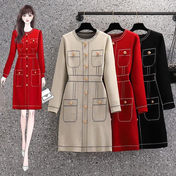

casual dresses ehqaxin for womens autumn light luxury fashion knit round neck button a-shaped long sleeve dress lady l-4xl, Black;gray