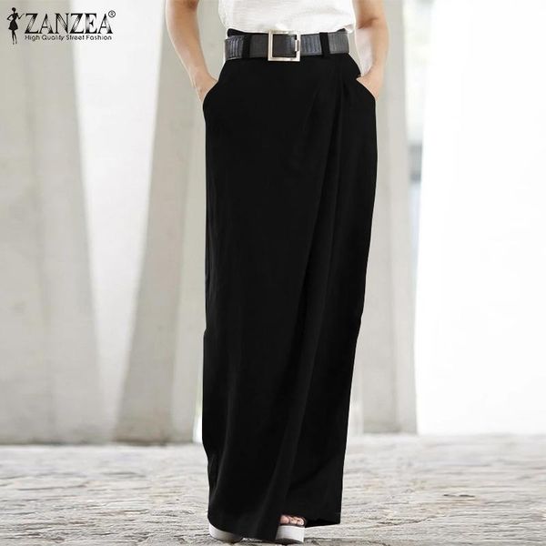 

women's pants & capris holiday office work casual long pantalon palazzo women wide leg zanzea zipper elegant trouser irregular culottes, Black;white