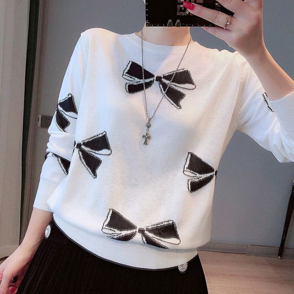 

women's sweaters lazy oaf womens women bows jacquard knitted pulover sueter mujer autumn winter sweater female jumpers 0tnx, White;black