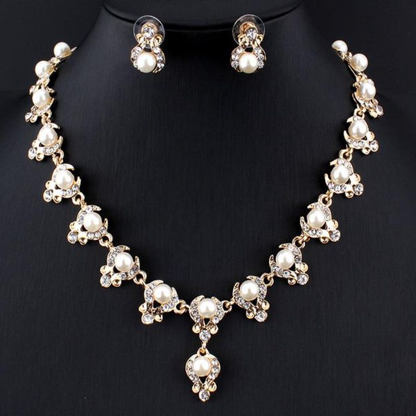 

earrings & necklace charming bridal jewelry sets pearl gold color set rhinestone for wedding accessories, Silver