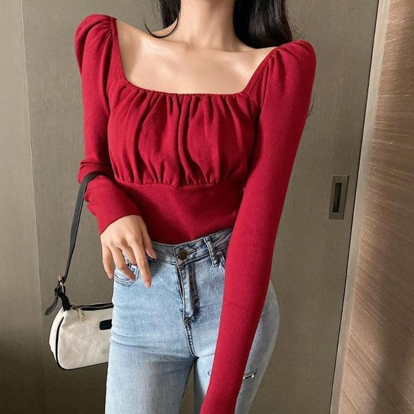 

women's sweaters fashion gauffer design square neck slim long sleeve short type knitwear, White;black