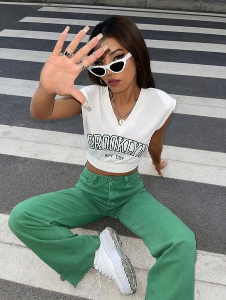 

letter graphic shoulder pads crop tank 96hq#, White