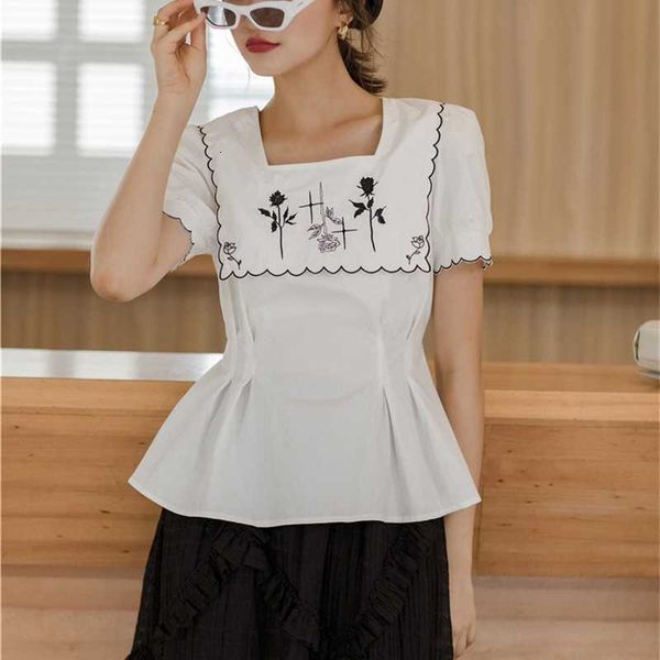 

women's knits & tees square neck floral rose embroidery blouse women summer white puff sleeve ladies korean tunic short 0bvc