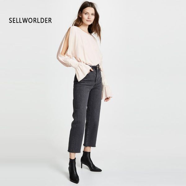 

women's blouses & shirts 2021 sellworlder office lady solid hollow out shoulder ruffle cuffs pullover shirt, White