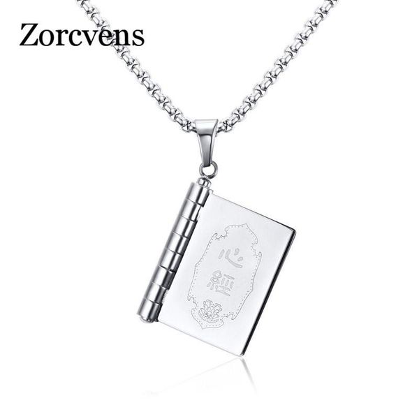 

pendant necklaces modyle novel book necklace openable stainless steel prayer jewelry chinese style, Silver