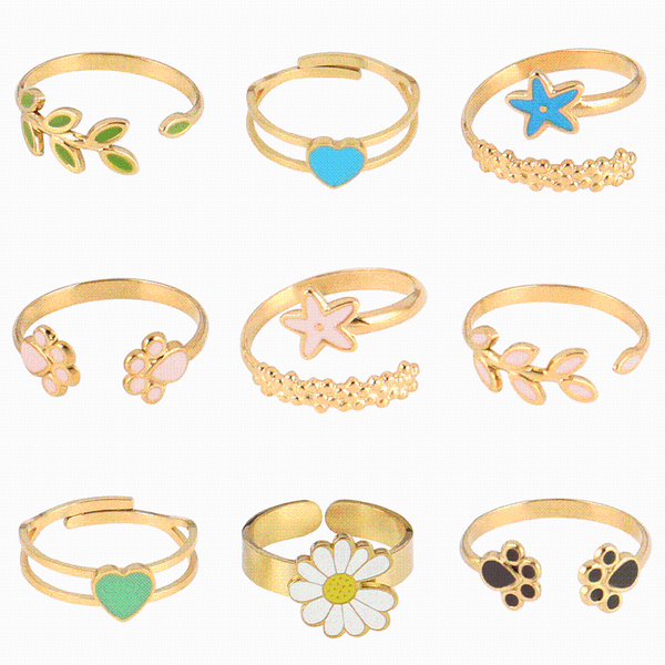

cluster rings women stainless steel for jewelry ring candy ins color open finger leaf heart flower, Golden;silver