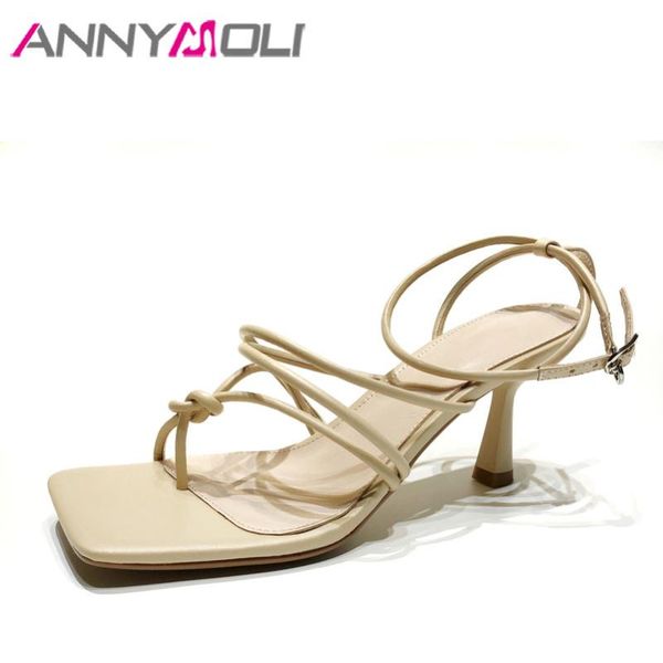 

dress shoes annymoli woman flip flop sandals ankle strap high heels square toe stiletto heel buckle narrow band lady beige 40, Black