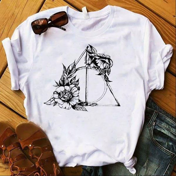 

women lady t shirt triangle flower printed tshirt ladies short sleeve loose tee shirt women female clothes t shirt, White