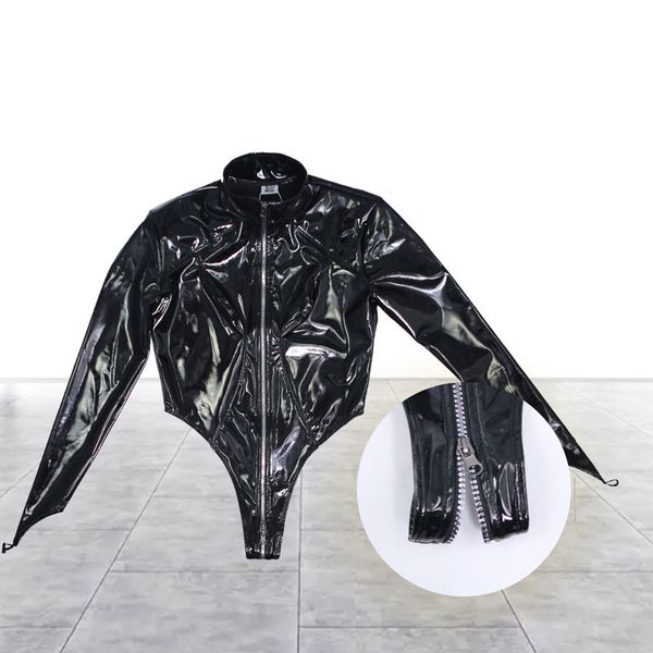 

women pvc shiny high cut bodysuit bandage one piece thong hollow out open crotch latex tight mat catsuitt plus size f1, Black;white