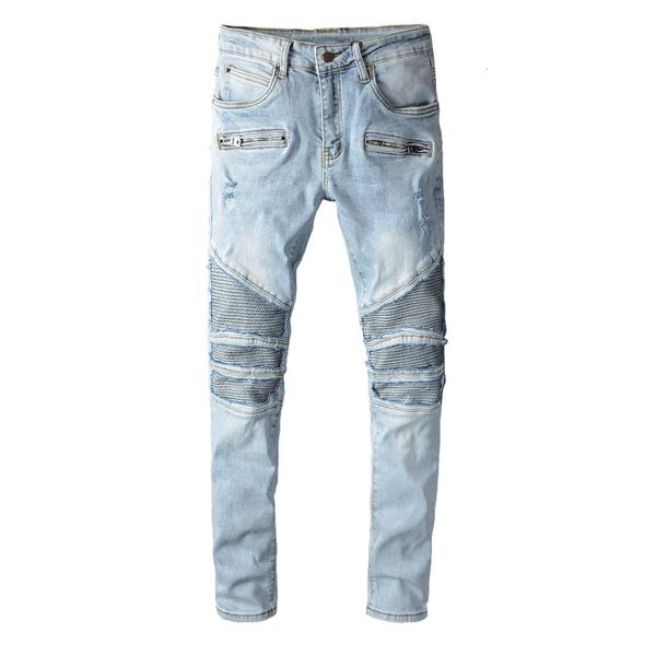 

2021 new men's male trousers fashion american street autumn winter light-colored damage patch jeans stretch slim motorcycle pants pxwz, Blue