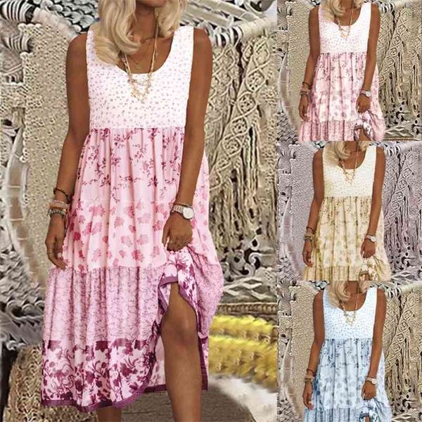 Sling de verão feminino Vestido de cor sólida U-pescoço rosa algodão solto Casual Meados de Altoango Vestido de Mujer 210623