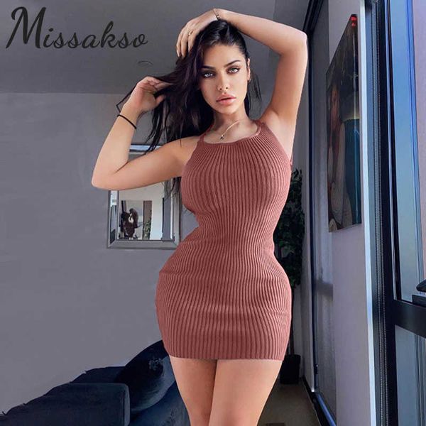 

missakso summer ribbed backless solid dress women bodycon sleeveless spaghetti strap mini dresses party club 210625, Black;gray