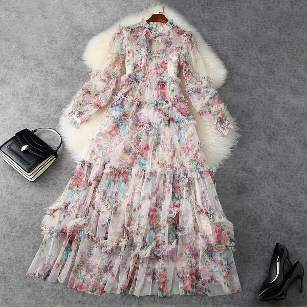 

european and american women's clothing new 2021 spring long sleeve printed fashion mesh pleated dress, Black;gray