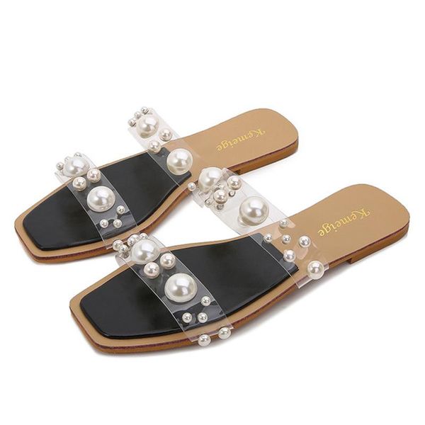 

slippers women's shoes 2021 summer style pearl flat-bottom fashion beach sandals wear transparent one-word, Black