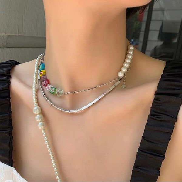 

pendant necklaces origin summer unique design arcylic flower chokers necklace for women asymmetric simulation pearl beaded metal jewelry, Silver