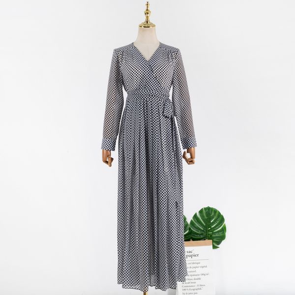 

2021 new spring autumn vintage polka dot maxi es for women runway designers elegant v-neck long sleeve pleated chiffon ytdb, Black;gray