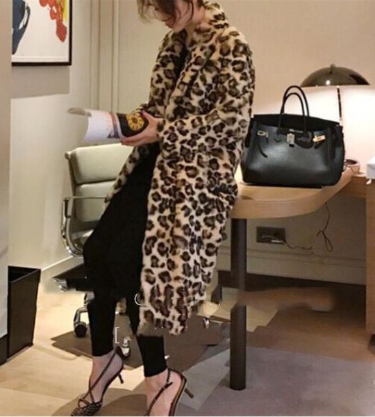 

european blast classic leopard-print fur coat star fan long leopard-print coat plush all-match windbreaker women hua hua mei, Black