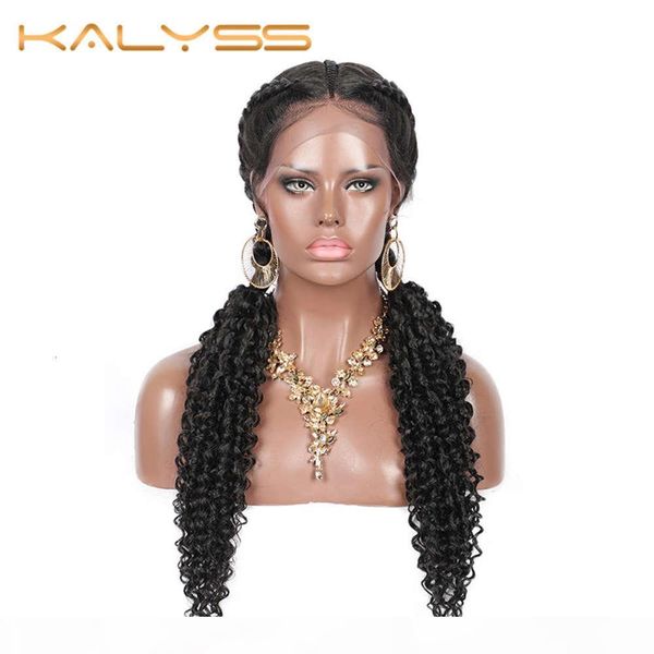 

kaylss 28 inches braid for black women swiss lace front cornrow braided twist wigs synthetic braiding wig with curly ends, Black;brown