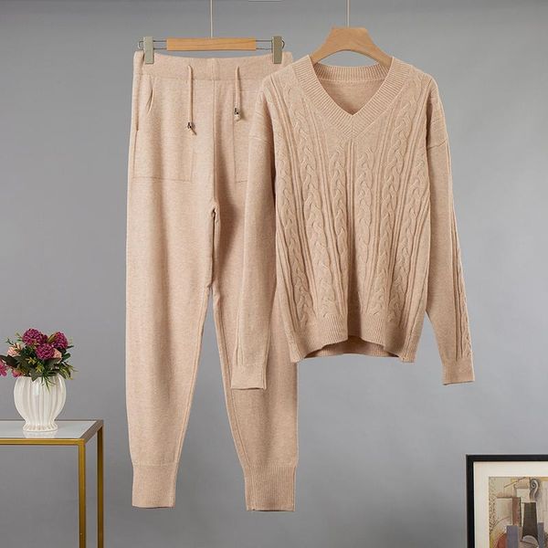 

women's two piece pants mozuleva oversized women autumn knitted tracksuits winter cashmere v neck sweater harem 2 warm set outfits, White